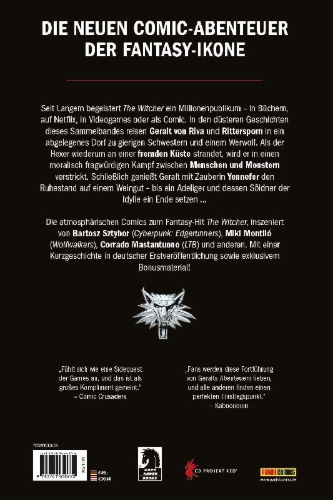 Buchcover und Innenansicht für das Buch: The Witcher: The Ballad of two Wolves #1-#4, The Witcher: Wild Animals #1-#4, The Witcher: Corvo Bianco #1-#5, Frog Kiss aus FCBD 2023