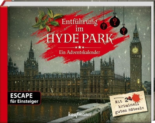 Buchcover und Innenansicht für das Buch: Entführung im Hyde Park - Ein Escape-Adventskalender für Einsteiger
