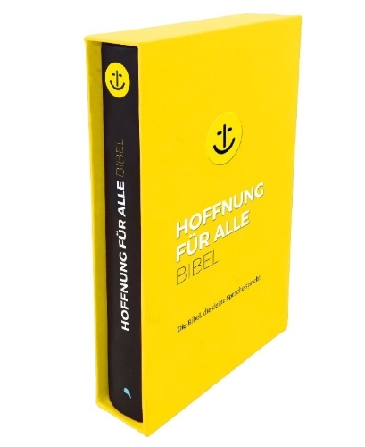 Buchcover und Innenansicht für das Buch: Hoffnung für alle. Die Bibel - "Black Hope Geschenkbibel" - Großformat mit Loch-Stanzung im gelben Schuber