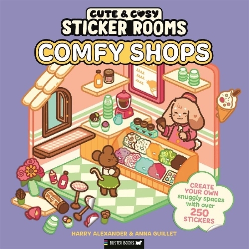 Buchcover und Innenansicht für das Buch: Sticker Rooms: Comfy Shops