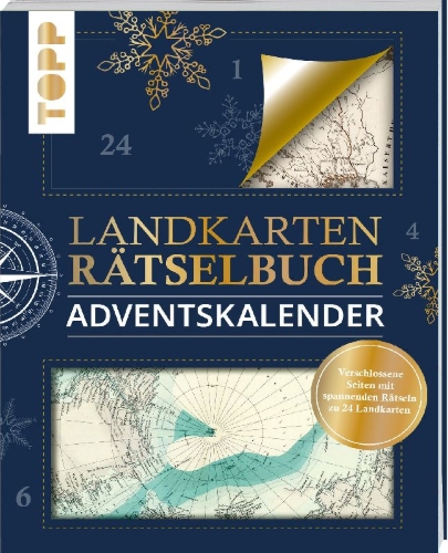 Buchcover und Innenansicht für das Buch: Landkarten-Rätsel Adventskalender
