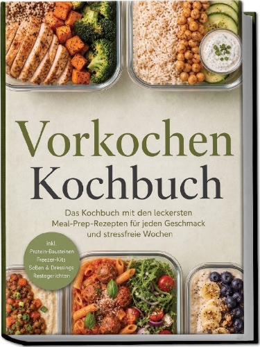Buchcover und Innenansicht für das Buch: Vorkochen Kochbuch: Das Kochbuch mit den leckersten Meal-Prep-Rezepten für jeden Geschmack und stressfreie Wochen - inkl. Protein-Bausteinen, Freezer-Kits, Soßen & Dressings, Restegerichten
