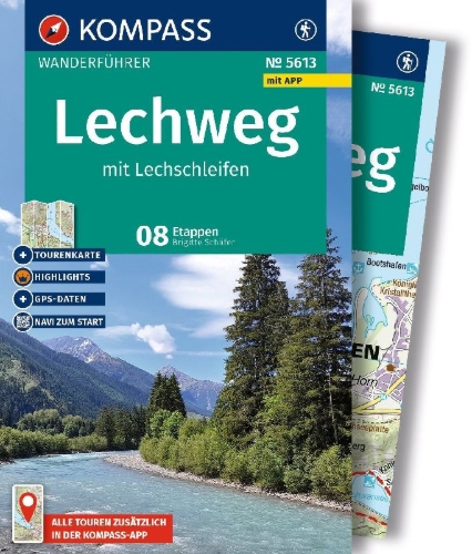 Buchcover und Innenansicht für das Buch: KOMPASS Wanderführer Lechweg mit Lechschleifen, 16 Touren und Etappen mit Extra-Tourenkarte