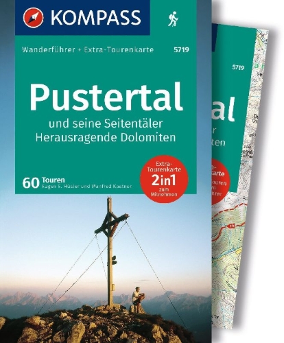 Buchcover und Innenansicht für das Buch: KOMPASS Wanderführer Pustertal und seine Seitentäler, Herausragende Dolomiten, 60 Touren mit Extra-Tourenkarte