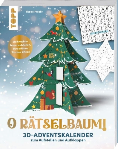 Buchcover und Innenansicht für das Buch: O Rätselbaum! - 3D-Adventskalender zum Aufstellen und Aufklappen