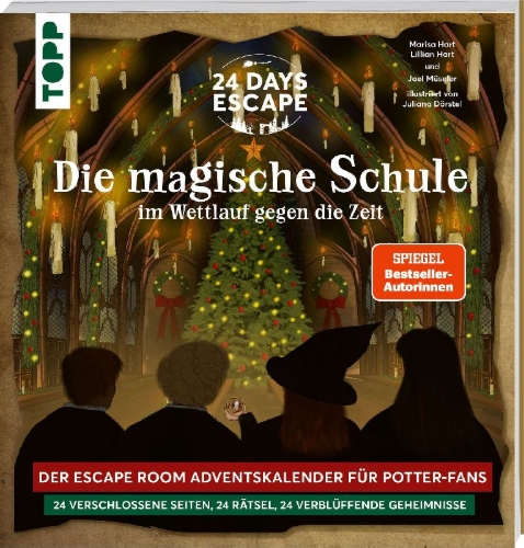 Buchcover und Innenansicht für das Buch: 24 DAYS ESCAPE - Der Escape Room Adventskalender für Potter-Fans: Im Wettlauf gegen die Zeit
