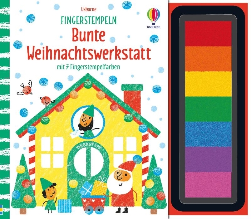 Buchcover und Innenansicht für das Buch: Fingerstempeln: Bunte Weihnachtswerkstatt