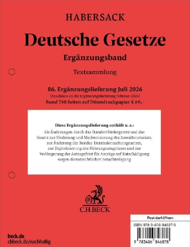 Buchcover und Innenansicht für das Buch: Deutsche Gesetze Ergänzungsband  86. Ergänzungslieferung