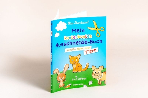 Buchcover und Innenansicht für das Buch: Mein kunterbuntes Ausschneidebuch - Tiere. Schneiden, kleben, malen ab 3 Jahren. Mit Scherenführerschein
