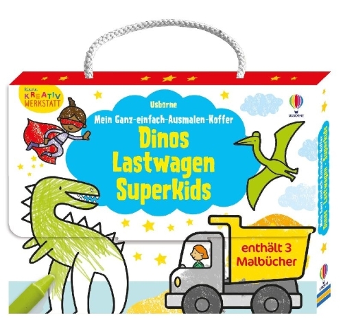 Buchcover und Innenansicht für das Buch: Kleine Kreativ-Werkstatt - Mein Ganz-einfach-Ausmalen-Koffer: Dinos, Lastwagen, Superkids