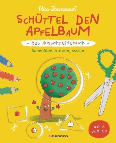 Buchcover und Innenansicht für das Buch: Schüttel den Apfelbaum - Das Ausschneidebuch. Schneiden, kleben, malen für Kinder ab 3 Jahren