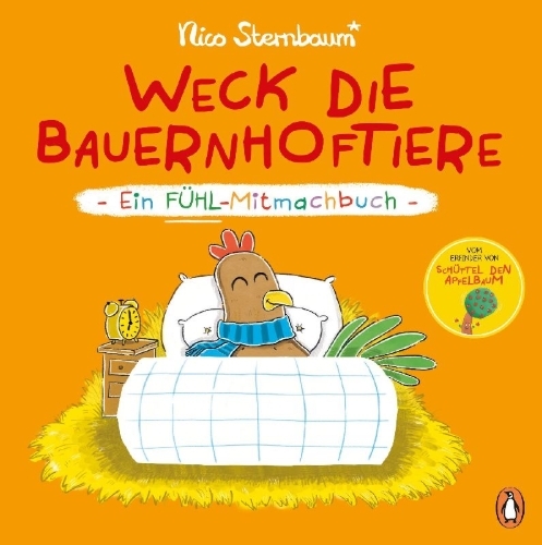 Buchcover und Innenansicht für das Buch: Weck die Bauernhoftiere - Ein Fühl-Mitmachbuch