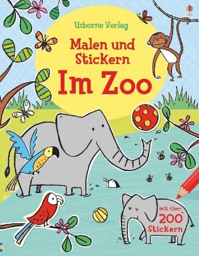 Buchcover und Innenansicht für das Buch: Malen und Stickern: Im Zoo