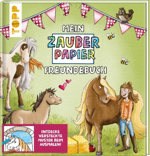 Buchcover und Innenansicht für das Buch: Mein Zauberpapier Freundebuch Süße Pferde