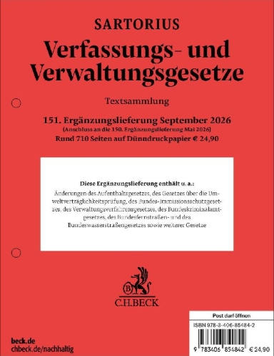 Buchcover und Innenansicht für das Buch: Verfassungs- und Verwaltungsgesetze 151. Ergänzungslieferung