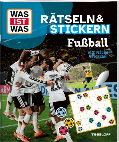 Buchcover und Innenansicht für das Buch: WAS IST WAS Rätseln und Stickern: Fußball